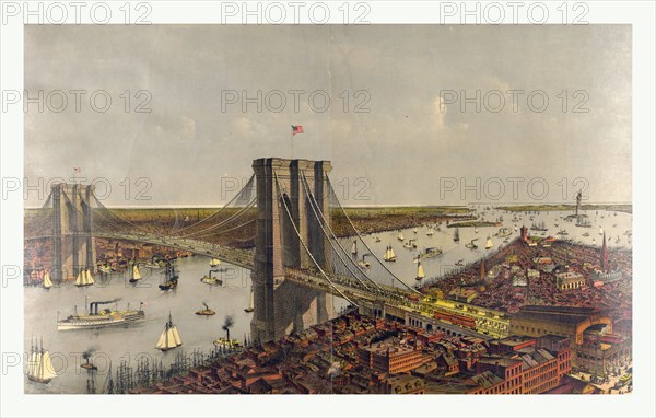 Grand birds eye view of the Great East River suspension bridge Connecting the cities of New York & Brooklyn, Showing also the splendid panorama of the bay and the port of New York by Currier & Ives, circa 1885, US, USA, America