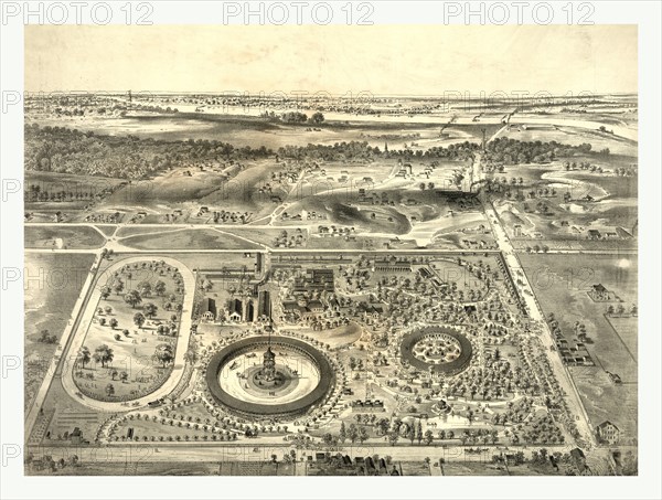 bird's eye view of fairgrounds at the St. Louis fair, circa 1874, US, USA, America