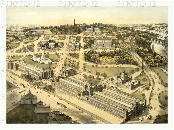 View of the ground and buildings, International Exhibition, 1876, Fairmount Park, Philadelphia by A.L. Weise lith., circa 1876, US, USA, America