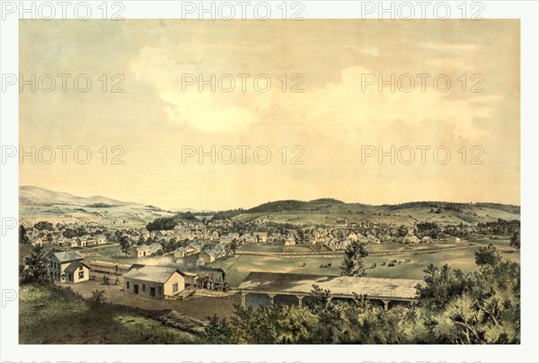 Birds eye view showing Ludlow, Vermont, 1859 From south hill, US, USA, America