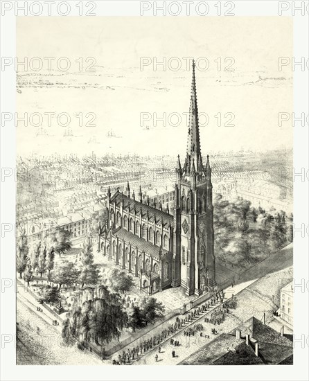 Birds eye view of Trinity Church, New York circa 1846, US, USA, America