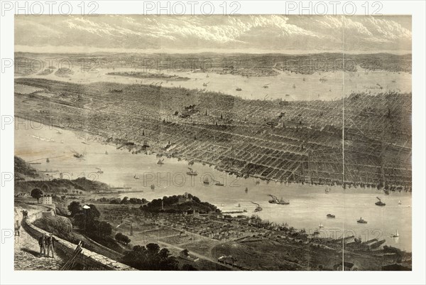Bird's eye view of New York City, New York, showing Battery Park on the right and Central Park on the left; also visible are the foundations for the Brooklyn Bridge, 1876, US, USA, America