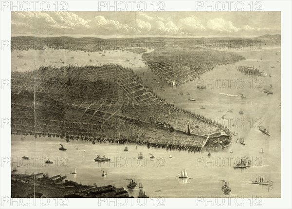 Bird's eye view of New York City, New York, showing Battery Park on the right and Central Park on the left; also visible are the foundations for the Brooklyn Bridge, 1876, US, USA, America