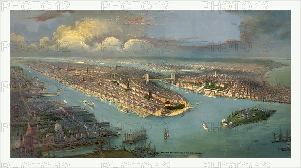 bird's eye view of New York City with the Hudson River and the New Jersey waterfront on the left, New York Harbor and Governors Island in the right foreground, Battery Park, Manhattan, the East River, Brooklyn Bridge, and the borough of Brooklyn at center, 1880 ?, US, USA, America