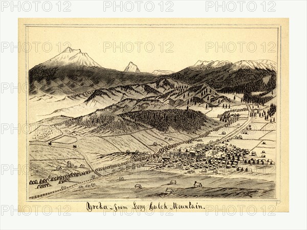 bird's eye view of the town of Yreka, California looking south from Long Gulch Mountain by Daniel A.  Jenks,1827 1869, US, USA, America