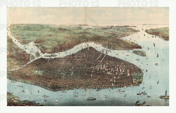 Bird's eye view of greater New York with Battery Park on the right and showing the boroughs of Bronx, Queens, Manhattan, Brooklyn, and Richmond, with the Hudson River in the foreground Published by Joseph Koehler, circa 1905, US, USA, America