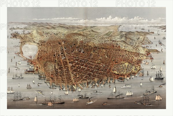 The City of San Francisco. Birds eye view from the bay looking south-west by Currier & Ives circa 1878, US, USA, America