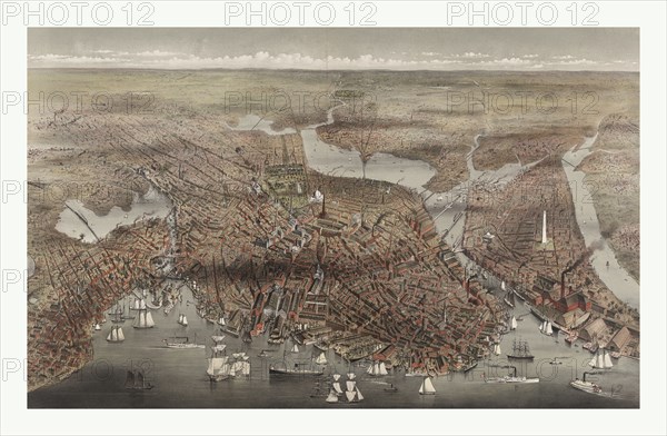 Birds eye view of the City of Boston by Currier & Ives circa 1873, US, USA, America