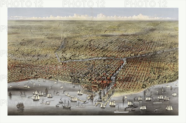 Bird's eye view of Chicago, Illinois from above Lake Michigan by Currier & Ives circa 1874, US, USA, America