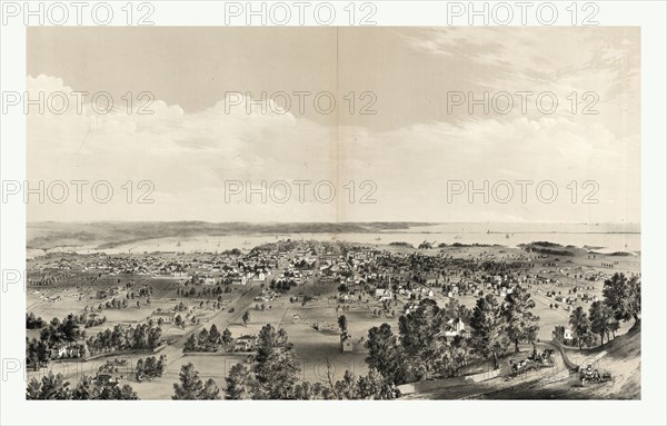 Bird's eye view of Hamilton, Ontario, Canada, in 1859, showing harbor in the distance by Rice & Duncan