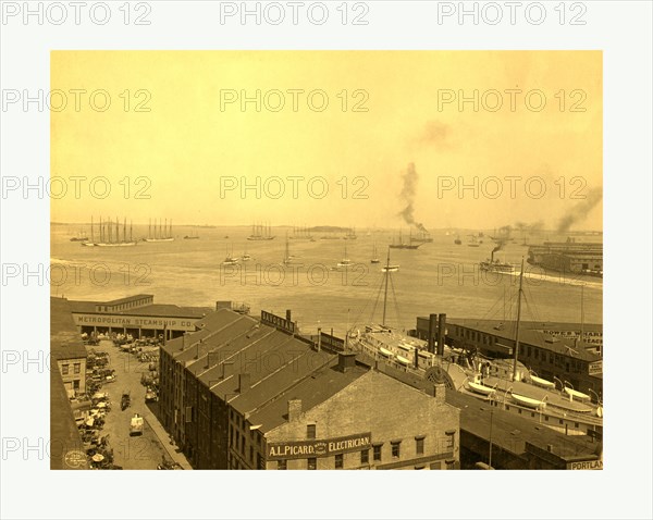 Bird's eye view of waterfront, Boston, Mass., docks and harbor, with sail and steam vessels, including side wheelers., circa 1906, US, USA, America