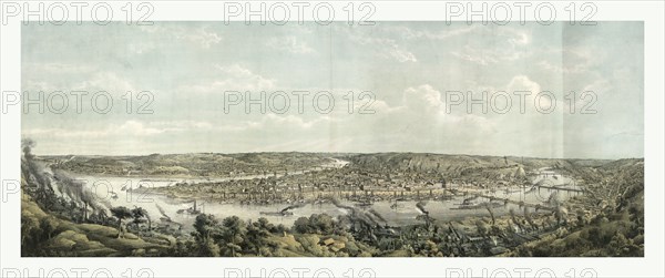 Bird's eye view of Pittsburgh at the confluence of the Monongahela, in the foreground, and the Allegheny Rivers; Birmingham is in the right foreground and Allegheny is in the distance on the left by Otto Krebs, circa 1871, US, USA, America