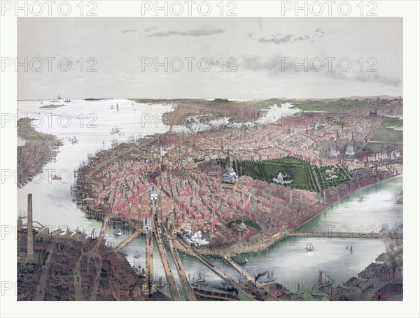 Boston bird's eye view from the north by J. Bachmann, circa 1877, US, USA, America