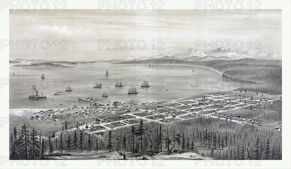 Bird's eye view of Port Townsend, Puget Sound, Washington Territory. From the north east, circa 1878, US, USA, America