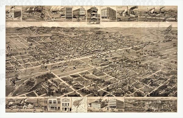 bird's-eye view of Birmingham, Alabama, fourteen views of industrial buildings, map, and bird's eye view of Lakeview Park and Highland Avenue, circa 1885, US, USA, America
