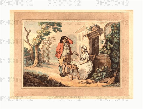 Thomas Rowlandson (British, 1756 1827 ), Rustic Courtship, 1785, hand colored etching and aquatint