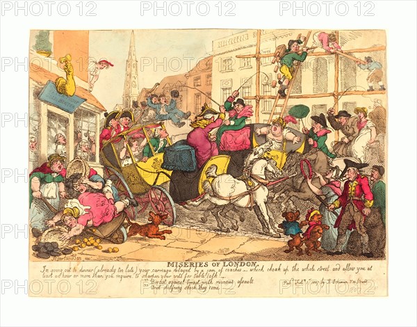 Thomas Rowlandson (British, 1756  1827 ), Miseries of London, published 1807, hand colored etching