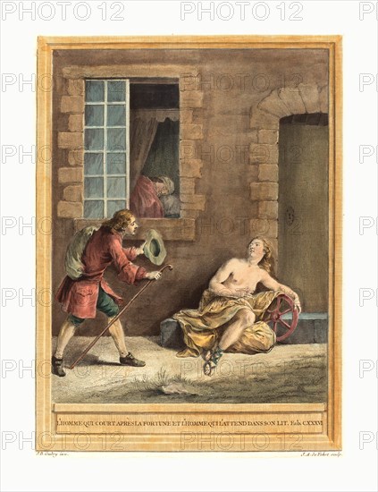 A.J. de Fehrt after Jean Baptiste Oudry (French, born 1723 ), L'homme qui court apres la fortune et l'hommequi l'attend dans son lit (The Man who  Courts Fortune and the Man Who Sleeps in Bed), published 1756, hand colored etching