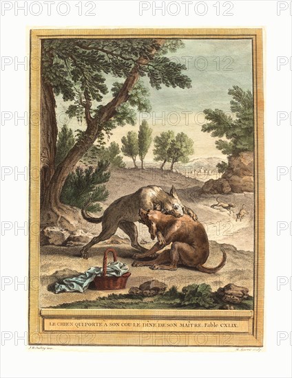 Martin Marvie after Jean Baptiste Oudry (French, 1713  1813 ), Le chien qui porte a son cou le diner de son maitre (The Dog Carrying His Master's Supper), published 1756, hand colored etching