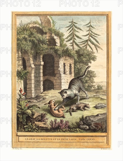 Martin Marvie after Jean Baptiste Oudry (French, 1713  1813 ), Le chat, la balette et le petit lapin (The Cat, the Weasel, and the Rabbit), published 1756, hand colored etching