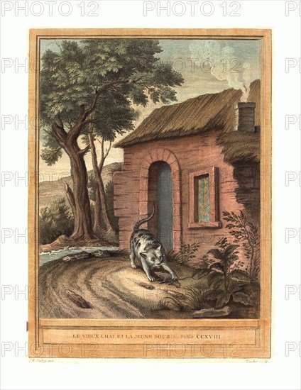 Johann Christoph Teucher after Jean-Baptiste Oudry (German, c. 1715  1763 or after ), Le vieux chat et la jeune Souris (The Old Catand the Young Mouse), published 1759, hand colored etching