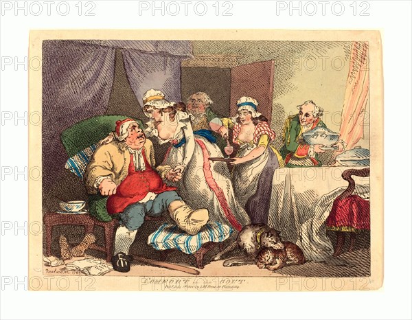 Thomas Rowlandson (British, 1756 - 1827 ), Comfort in the Gout, 1785, hand-colored etching, Rosenwald Collection