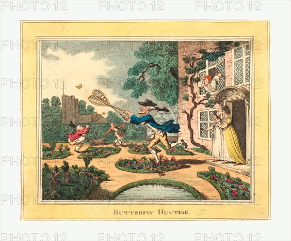 Thomas Rowlandson (British, 1756 - 1827 ), Butterfly Hunting, 1806, hand-colored etching, Rosenwald Collection