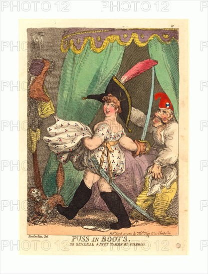Thomas Rowlandson (British, 1756 - 1827 ), Puss in Boots, or General Junot taken by Surprise, published 1811, hand-colored etching, Rosenwald Collection