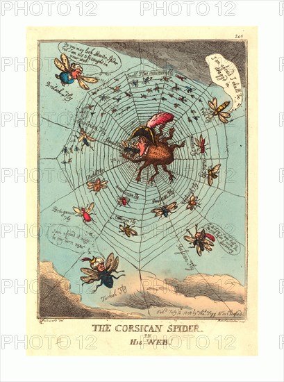 Thomas Rowlandson (British, 1756 - 1827 ), The Corsican Spider in his Web, published 1808, hand-colored etching, Rosenwald Collection