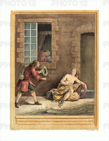 A.-J. de Fehrt after Jean-Baptiste Oudry (French, born 1723 ), L'homme qui court apres la fortune et l'hommequi l'attend dans son lit (The Man who  Courts Fortune and the Man Who Sleeps in Bed), published 1756, hand-colored etching, Gift of Mr. and Mrs. George W. Ware