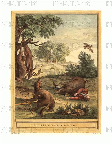 A.-J. de Fehrt after Jean-Baptiste Oudry (French, born 1723 ), Le loup et le chasseur (The Wolf and the Hunter), published 1756, hand-colored etching, Gift of Mr. and Mrs. George W. Ware