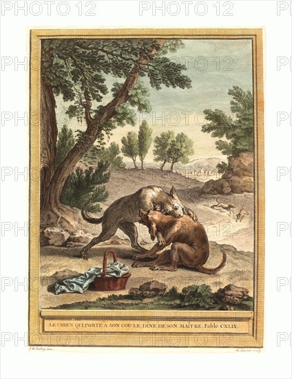 Martin Marvie after Jean-Baptiste Oudry (French, 1713 - 1813 ), Le chien qui porte a son cou le diner de son maitre (The Dog Carrying His Master's Supper), published 1756, hand-colored etching, Gift of Mr. and Mrs. George W. Ware