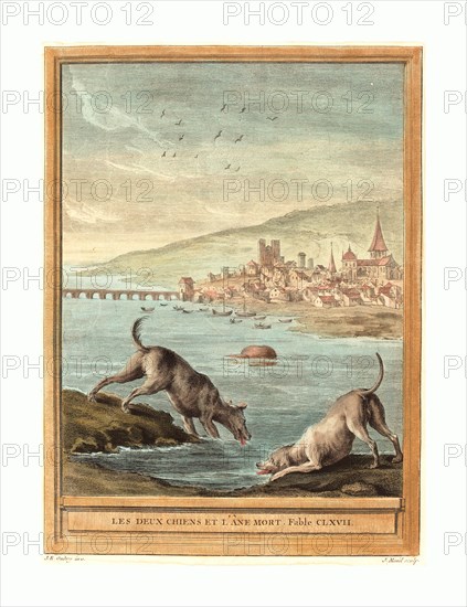 Elie du Mesnil after Jean-Baptiste Oudry (French, born 1726 or 1728 ), Les deux chiens et l'ane mort (Two Dogs and the Dead Donkey), published 1756, hand-colored etching, Gift of Mr. and Mrs. George W. Ware