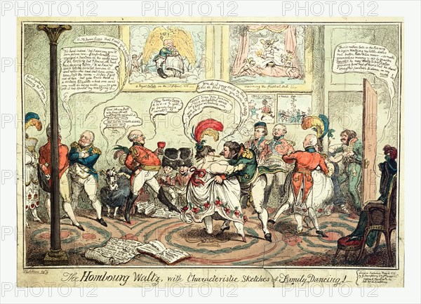 The Hombourg waltz, with characteristic sketches of family dancing, Knahskiurc, fect., London : Published May 4, 1818 by G. Humphrey, 27 St. James's St., nephew & successor to the late Mrs. H. Humphrey, 1818., Members of the Royal family at an informal dance, the centre couple being Princess Elizabeth, grotesquely stout, and the Prince of Hesse-Homburg, who grasps her dress, unable to reach her waist