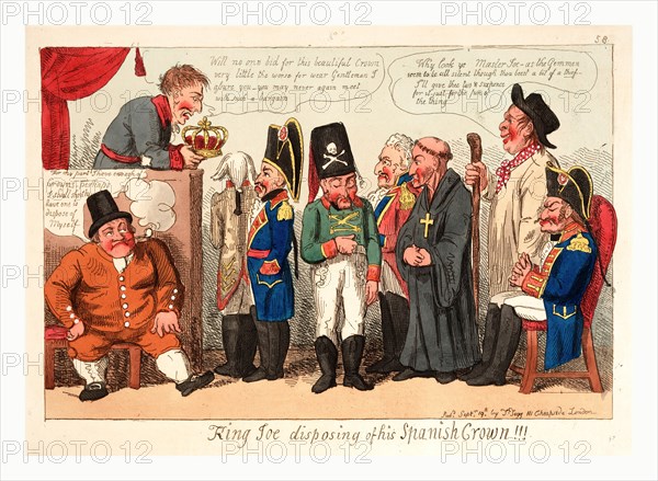 King Joe disposing of his Spanish crown, England, 1808, shows King Joseph I attempting to auction off his crown.