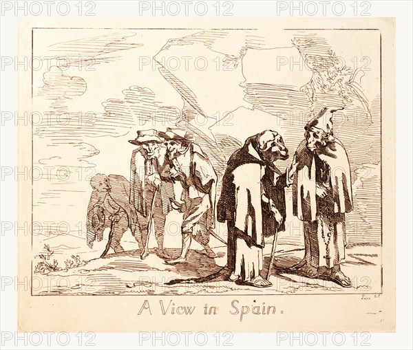 A view in Spain, Price G.P., England, between 1800 and 1850?, animals dressed as Spanish monks and gentlemen.