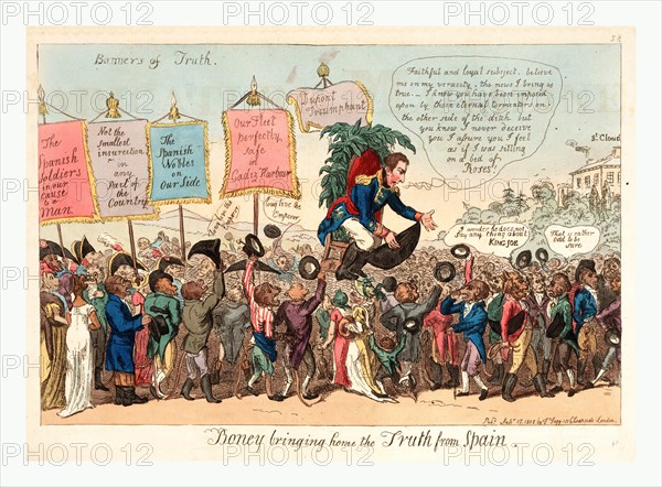 Boney bringing home the truth from Spain, London, 1808, Napoleon assuring his subjects, who have animal faces, that all is well in Spain; one animal,man wonders why Napoleon fails to mention his brother, Joseph Bonaparte, whom he installed on the Spanish throne.