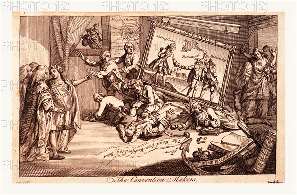 The convention makers, England 1771, The interior of a room; a picture called A Convention, depicting the Convention between England and Spain on the Falkland Islands, is falling from a broken cornice inscribed National Honour, onto four prostrate figures ... Londinia (l.) ... points out the catastrophe to the Lord Mayor and two other men. Britannia and Justice with a sword and spear enter threateningly from a door (r.). Bute looks through a window