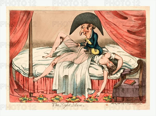 The night mare, England ca. 1790, a scantily clad woman asleep on a bed, a little man sitting on her chest pulling back her see-through covers, as one of her arms hangs to the floor near a chamber pot written on it