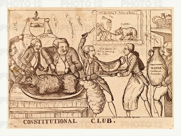 Constitutional Club, Dent, William, active 1741-1780, artist, England, satire on the Westminster by-election of 1788 shows five men carving a fox on a table as William Pitt carries a coin-filled gravy boat inscribed Mint sauce, Constitutional restorative and King George III follows with a jug of Cheltenham water, Constitutional restorative