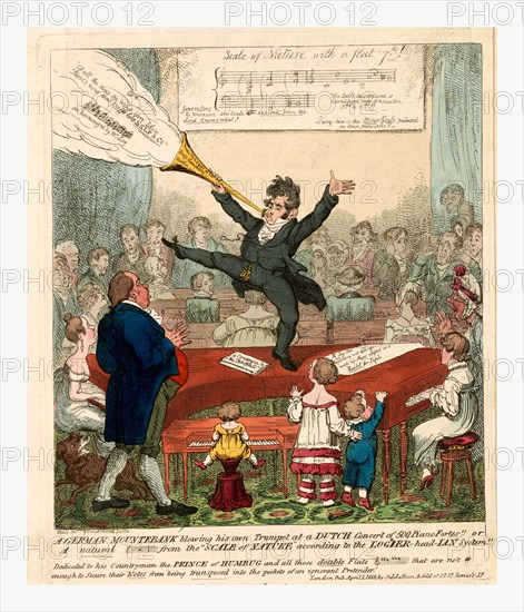 A German mountebank blowing his own trumpet at a Dutch concert of 500 piano fortes, Cruikshank, George, 1792-1878, artist, London, 1818, Logier, the music-master, is delivering one of his musical lectures with demonstrations by his pupils