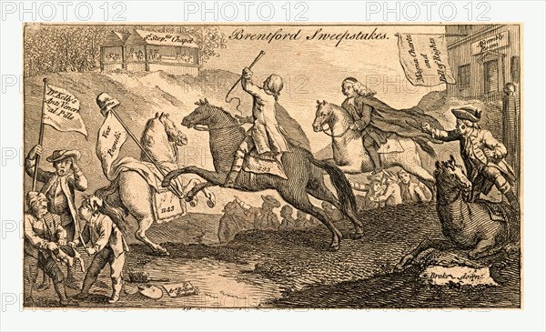 Brentford Sweepstakes. All coursers the first heat with Vigour Run. But 'tis with whip & spur the race is won, England, 1769, four horses running towards St. Stepn's Chapel, a building with open sides, and containing a party of men seated at a long table