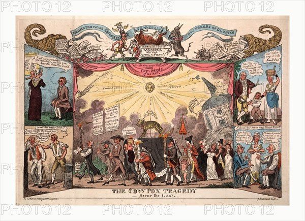 The cowpox tragedy, scene the last, Cruikshank, George, 1792-1878, artist, London, 1812, Funeral procession showing coffin labeled Vaccina aged 12 years on which stands a golden calf; four vignettes, two on each side, present realistic scenes related to cow pox.