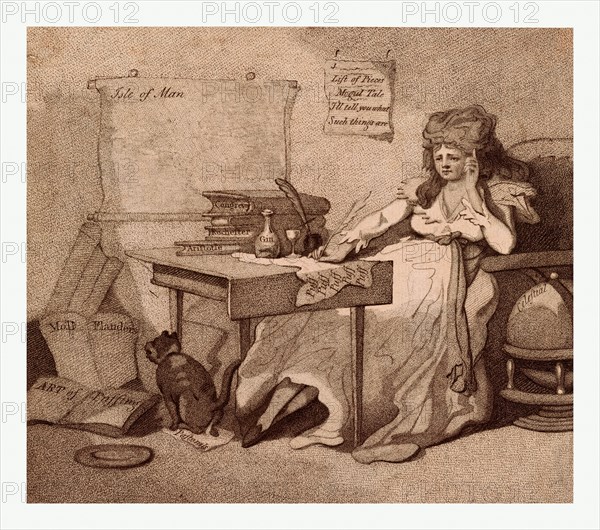 I'll tell you what! That such things are we must allow, but such things never were till now, Wigstead, Henry, delineator, England, E. Jackson, ca. 1790, playwright Elizabeth Inchbald writing puffs at a table with a bottle of gin and the writings of Aristotle, Rochester, and Congreve as a dog defecates on a paper on the floor. The title refers to two of Inchbald's plays.