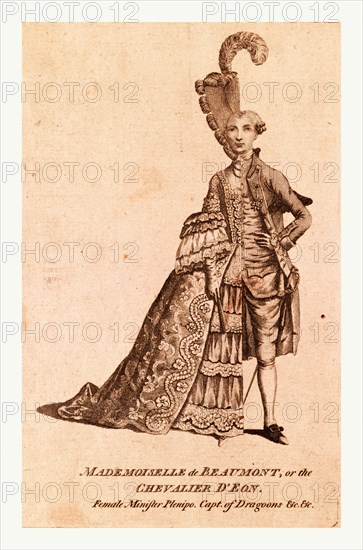 Mademoiselle de Beaumont or The Chevalier D'Eon, England, 1777, D'Eon (W.L.) dressed half as a woman, half as a man. On his right side he wears a lady's full dress, his hair in the fashionable inverted pyramid decorated by a feather