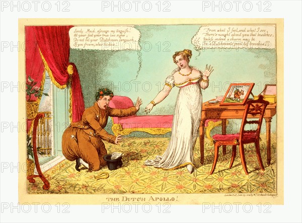The Dutch Apollo!, London, 1814, the Prince of Orange, dressed like a Dutchman in (English) caricature, kneels with arms extended imploring at the feet of Princess Charlotte. He wears Apollo's wreath, decorated with small oranges.