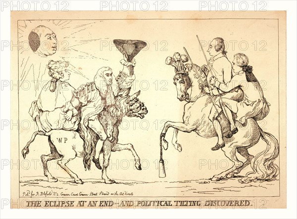 The eclipse at an end - and political tilting discovered, London, 1789?, Edward Thurlow and a woman, possibly Queen Charlotte, on a donkey labeled WP (William Pitt?) wearing a lion skin, a partially eclipsed sun (George III) above them; on the right two men are seated on a horse wearing the feathers of the Prince of Wales, it has begun to rear, but has a weight attached to its front left leg.