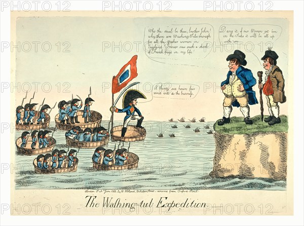 The washing-tub expedition, London, 1803, Napoleon I wearing an oversized hat and holding a large sword leading a French fleet of washing tubs filled with French soldiers in an invasion of England.