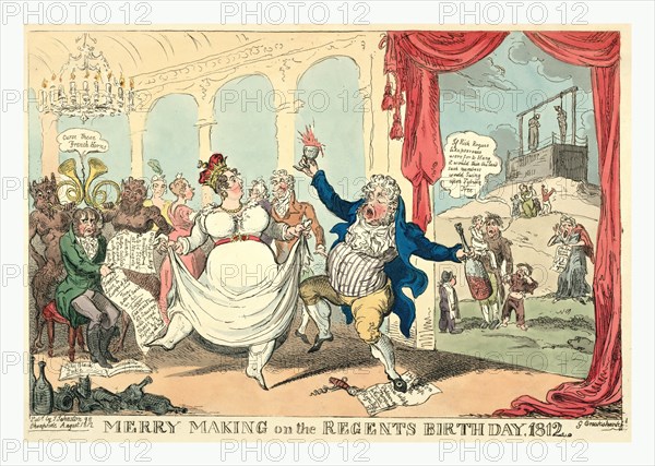 Merry making on the regents birth day, 1812, Cruikshank, George, 1792-1878, etcher, 1812, George, the Prince Regent, dancing and drinking at a lavish party with the wife of a man who sits with a dejected look on his face and holding a sheet of paper Order of the day which lists Breakfast - 2 to be HUNG at Newgate with lunch, dinner and tea schedules followed by Supper - German fling, d [penny] sausage with bread, cheese & kisses &c &c, Dancing all night and with his feet resting on sheet music titled The black joke while behind him stand two demon-like figures playing French horns, alluding to his present cuckold condition. Through an opening in the palace is a view of a gallows and poor persons seeking relief.