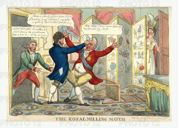 The royal milling match, Caricature showing Lord Yarmouth hitting the Prince Regent in the eye, as Lady Yarmouth looks from behind screen covered with caricatures.